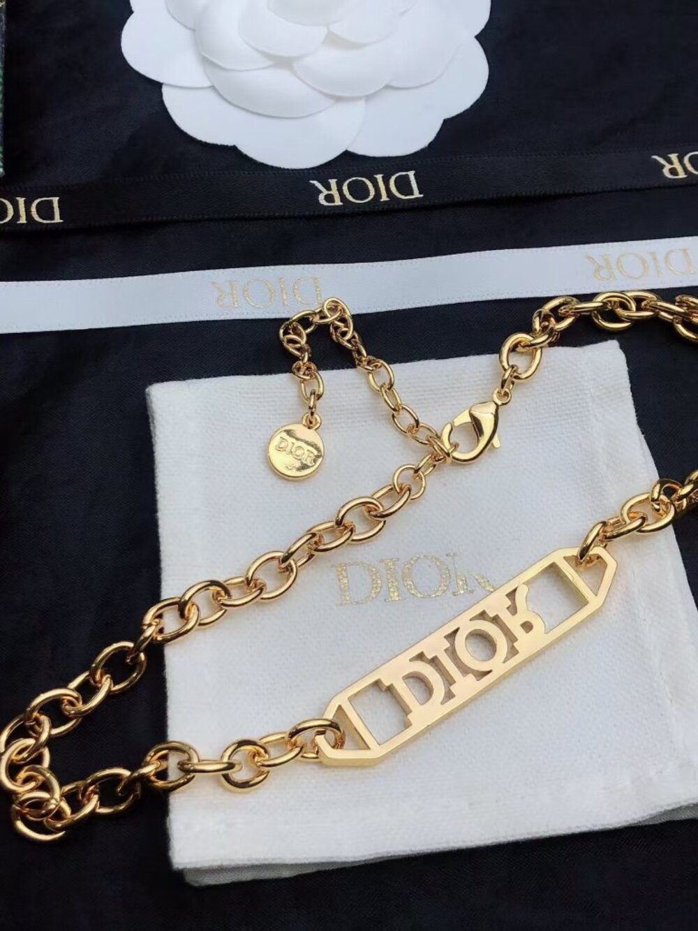 Dior Chunky Link Crystal Encrusted Logo Adjustable Gold Bracelet - Picture 3 of 4
